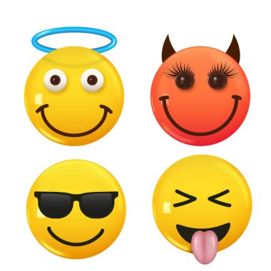 3D ikon sarı renkli gülümseme emojisi seti. Icon Smile Emoji 'yi ayarla. Vektör illüstrasyonu