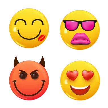 3D ikon sarı renkli gülümseme emojisi seti. Icon Smile Emoji 'yi ayarla. Vektör illüstrasyonu