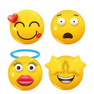 3D ikon sarı renkli gülümseme emojisi seti. Icon Smile Emoji 'yi ayarla. Vektör illüstrasyonu