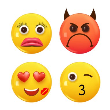 3D ikon sarı renkli gülümseme emojisi seti. Icon Smile Emoji 'yi ayarla. Vektör illüstrasyonu