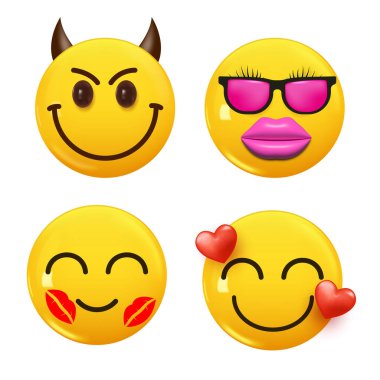3D ikon sarı renkli gülümseme emojisi seti. Icon Smile Emoji 'yi ayarla. Vektör illüstrasyonu