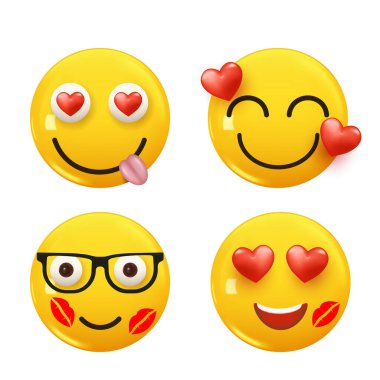 3D ikon sarı renkli gülümseme emojisi seti. Icon Smile Emoji 'yi ayarla. Vektör illüstrasyonu