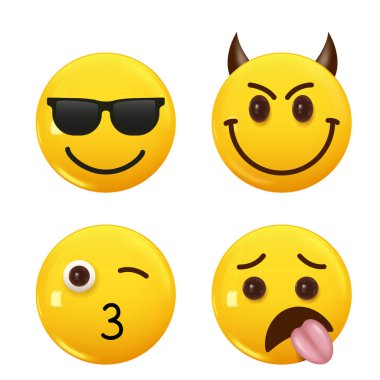 3D ikon sarı renkli gülümseme emojisi seti. Icon Smile Emoji 'yi ayarla. Vektör illüstrasyonu
