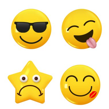 3D ikon sarı renkli gülümseme emojisi seti. Icon Smile Emoji 'yi ayarla. Vektör illüstrasyonu
