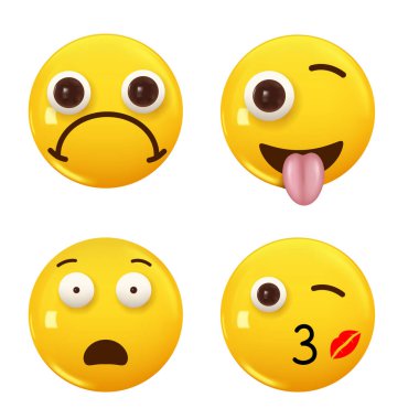 3D ikon sarı renkli gülümseme emojisi seti. Icon Smile Emoji 'yi ayarla. Vektör illüstrasyonu
