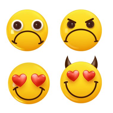 3D ikon sarı renkli gülümseme emojisi seti. Icon Smile Emoji 'yi ayarla. Vektör illüstrasyonu