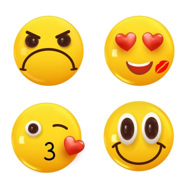 3D ikon sarı renkli gülümseme emojisi seti. Icon Smile Emoji 'yi ayarla. Vektör illüstrasyonu