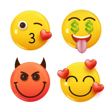 3D ikon sarı renkli gülümseme emojisi seti. Icon Smile Emoji 'yi ayarla. Vektör illüstrasyonu