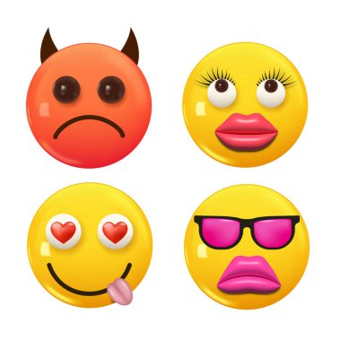 3D ikon sarı renkli gülümseme emojisi seti. Icon Smile Emoji 'yi ayarla. Vektör illüstrasyonu