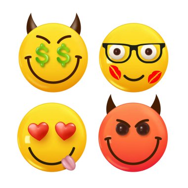 3D ikon sarı renkli gülümseme emojisi seti. Icon Smile Emoji 'yi ayarla. Vektör illüstrasyonu