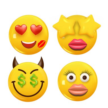 3D ikon sarı renkli gülümseme emojisi seti. Icon Smile Emoji 'yi ayarla. Vektör illüstrasyonu