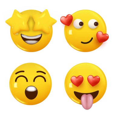 3D ikon sarı renkli gülümseme emojisi seti. Icon Smile Emoji 'yi ayarla. Vektör illüstrasyonu