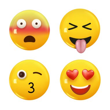 3D ikon sarı renkli gülümseme emojisi seti. Icon Smile Emoji 'yi ayarla. Vektör illüstrasyonu