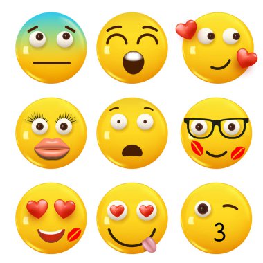 3D ikon sarı renkli gülümseme emojisi seti. Icon Smile Emoji 'yi ayarla. Vektör illüstrasyonu