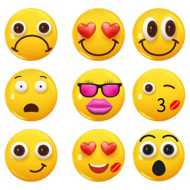 3D ikon sarı renkli gülümseme emojisi seti. Icon Smile Emoji 'yi ayarla. Vektör illüstrasyonu