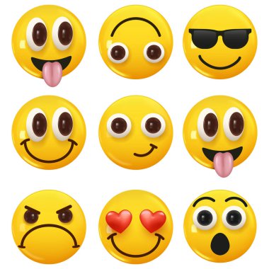 3D ikon sarı renkli gülümseme emojisi seti. Icon Smile Emoji 'yi ayarla. Vektör illüstrasyonu