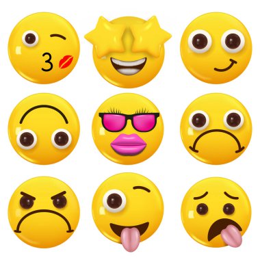 3D ikon sarı renkli gülümseme emojisi seti. Icon Smile Emoji 'yi ayarla. Vektör illüstrasyonu