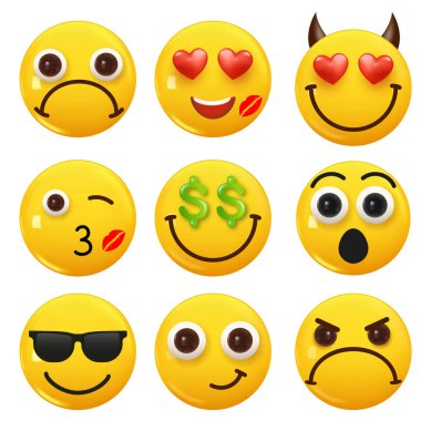 3D ikon sarı renkli gülümseme emojisi seti. Icon Smile Emoji 'yi ayarla. Vektör illüstrasyonu