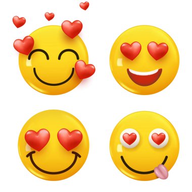 3D ikon sarı renkli gülümseme emojisi seti. Icon Smile Emoji 'yi ayarla. Vektör illüstrasyonu