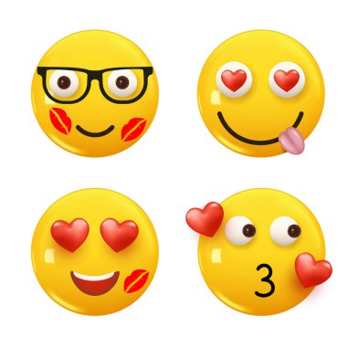 3D ikon sarı renkli gülümseme emojisi seti. Icon Smile Emoji 'yi ayarla. Vektör illüstrasyonu