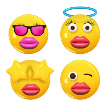 3D ikon sarı renkli gülümseme emojisi seti. Icon Smile Emoji 'yi ayarla. Vektör illüstrasyonu