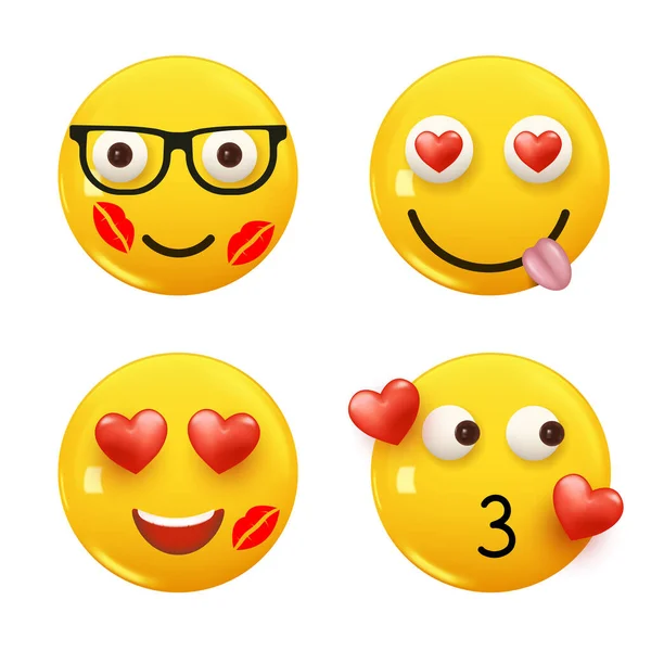 stock vector Set of 3d icon yellow color smile emoji with hearts. Set Icon Smile Emoji. Vector illustration