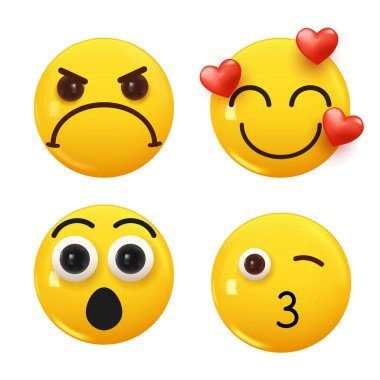 3D ikon sarı renkli gülümseme emojisi seti. Icon Smile Emoji 'yi ayarla. Vektör illüstrasyonu