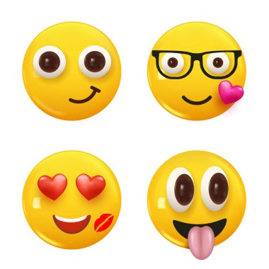 3D ikon sarı renkli gülümseme emojisi seti. Icon Smile Emoji 'yi ayarla. Vektör illüstrasyonu