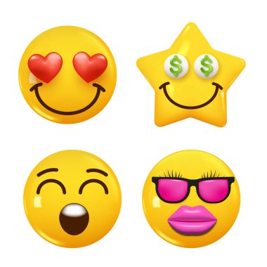 3D ikon sarı renkli gülümseme emojisi seti. Icon Smile Emoji 'yi ayarla. Vektör illüstrasyonu