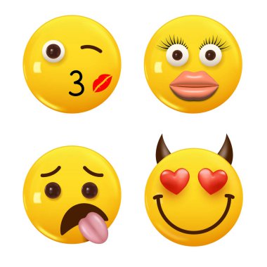3D ikon sarı renkli gülümseme emojisi seti. Icon Smile Emoji 'yi ayarla. Vektör illüstrasyonu