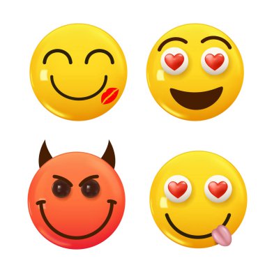 3D ikon sarı renkli gülümseme emojisi seti. Icon Smile Emoji 'yi ayarla. Vektör illüstrasyonu