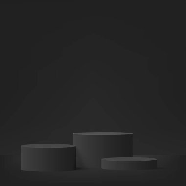 3D siyah renkli podyum ve asgari siyah duvar sahnesi. 3D podyum, soyut arkaplan. Vektör illüstrasyonu
