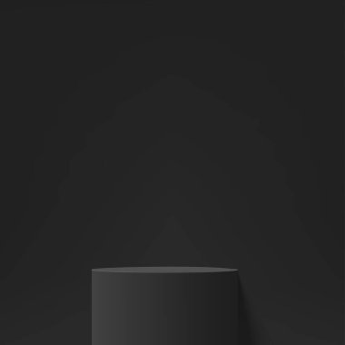 3D siyah renkli podyum ve asgari siyah duvar sahnesi. 3D podyum, soyut arkaplan. Vektör illüstrasyonu