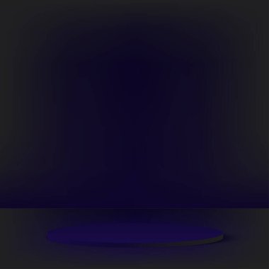 3D koyu mavi renkli podyum ve minimum koyu mavi duvar sahnesi. 3D podyum, soyut arkaplan. Vektör illüstrasyonu