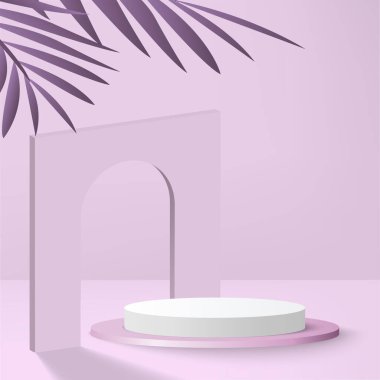 Pembe renkli geometrik üç boyutlu podyumlarla soyut arkaplan. Vektör illüstrasyonu