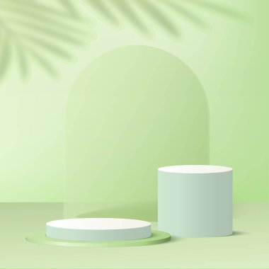 Yeşil renkli geometrik üç boyutlu podyumlarla soyut arkaplan. Vektör illüstrasyonu