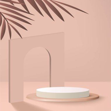 Krem rengi geometrik 3 boyutlu podyumlarla soyut arkaplan. Vektör illüstrasyonu