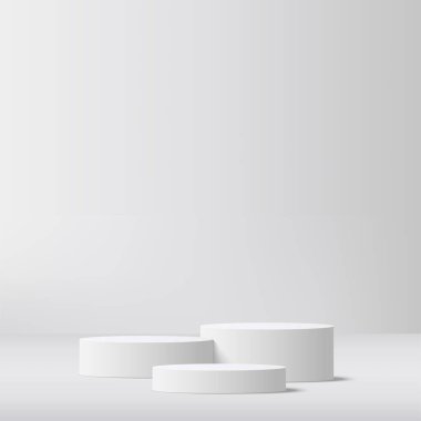 Beyaz renkli geometrik üç boyutlu podyumlarla soyut arkaplan. Vektör illüstrasyonu