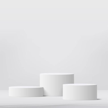 Beyaz renkli geometrik üç boyutlu podyumlarla soyut arkaplan. Vektör illüstrasyonu