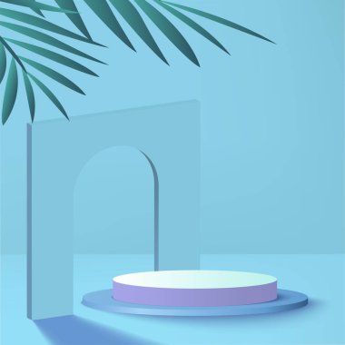 Mavi renkli geometrik üç boyutlu podyumlarla soyut arkaplan. Vektör illüstrasyonu