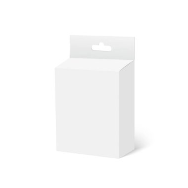 Asılı delikleri olan beyaz kağıt ambalaj kutusu. Ürün ambalaj koleksiyonu. Vektör illüstrasyonu