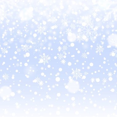 Mavi gökyüzüne düşen kar taneleriyle Noel ve mutlu yıllar. Vektör illüstrasyonu