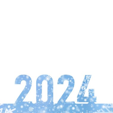 2024 Mutlu Yıllar kartı ve düşen kar taneleri. Vektör illüstrasyonu