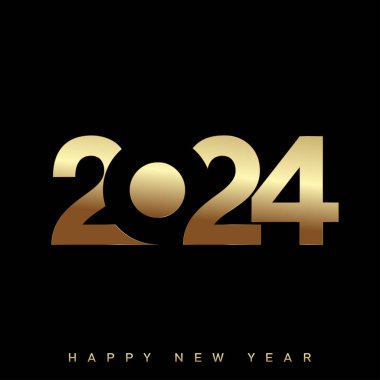2024 Altın yazılı mutlu yıllar kartı. Vektör illüstrasyonu