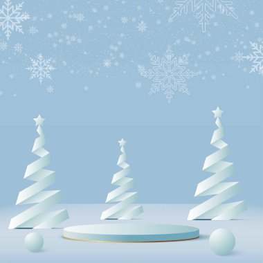 Kürsüde ve kar yağarken mutlu yıllar. Vektör illüstrasyonu