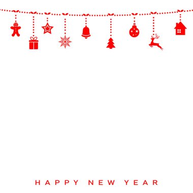 Noel oyuncakları asılan yeni yıl kartlarınız kutlu olsun. Vektör illüstrasyonu