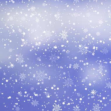 Mavi gökyüzüne düşen kar taneleriyle Noel ve mutlu yıllar. Vektör illüstrasyonu