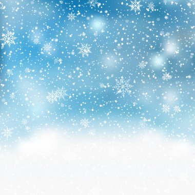 Gökyüzü, yoğun kar yağışı, farklı şekil ve formlarda kar taneleri, kar yığınları. Vektör illüstrasyonu