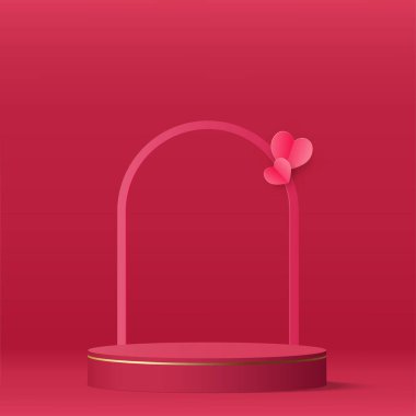 Ürün sergisi ya da yerleştirme için 3D sevgililer günü podyumu. Vektör illüstrasyonu