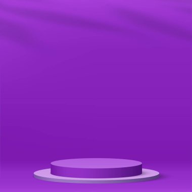 3D mor renkli podyum ve en az mor renkli duvar sahnesi. 3D podyum, soyut arkaplan. Vektör illüstrasyonu